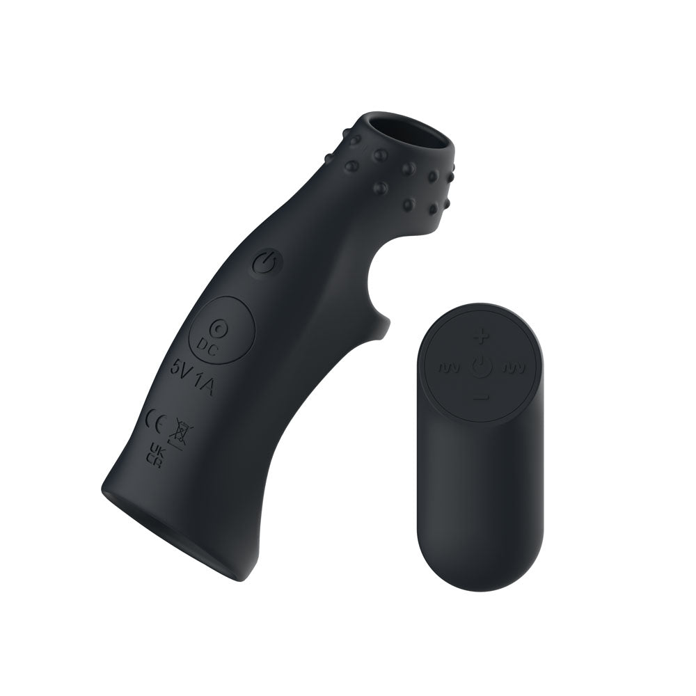 Passion Play Vibrating Cockring Sleeve in Black, nubbed tip and open shaft, remote at right