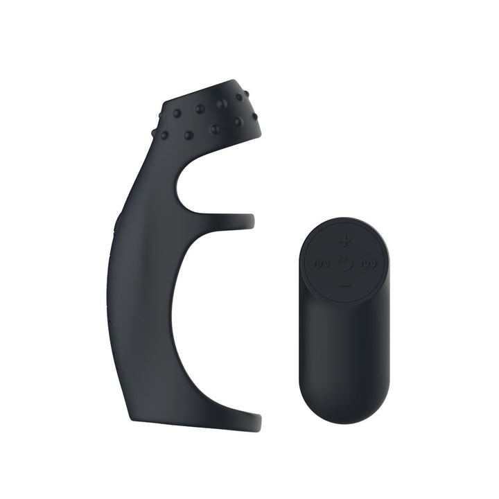 Passion Play Cockring Sleeve in Black side on, showing the open frame and ring, remote right