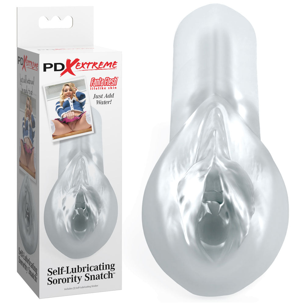 Pipedream Extreme Toyz Sorority Snatch clear stroker beside its PDX Extreme box
