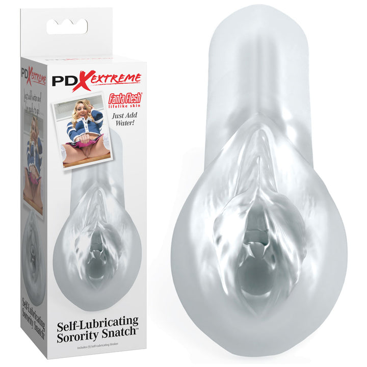 Pipedream Extreme Toyz Sorority Snatch clear stroker beside its PDX Extreme box