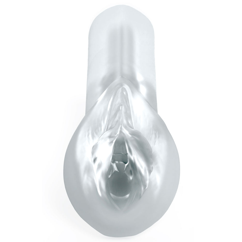 Sorority Snatch clear stroker upright, transparent moulded vulva with visible inner canal