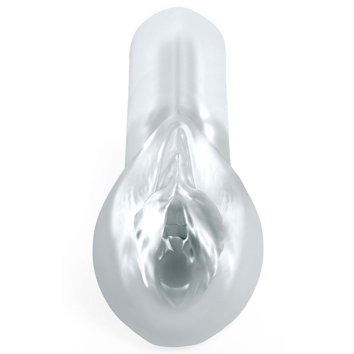 Sorority Snatch clear stroker upright, transparent moulded vulva with visible inner canal