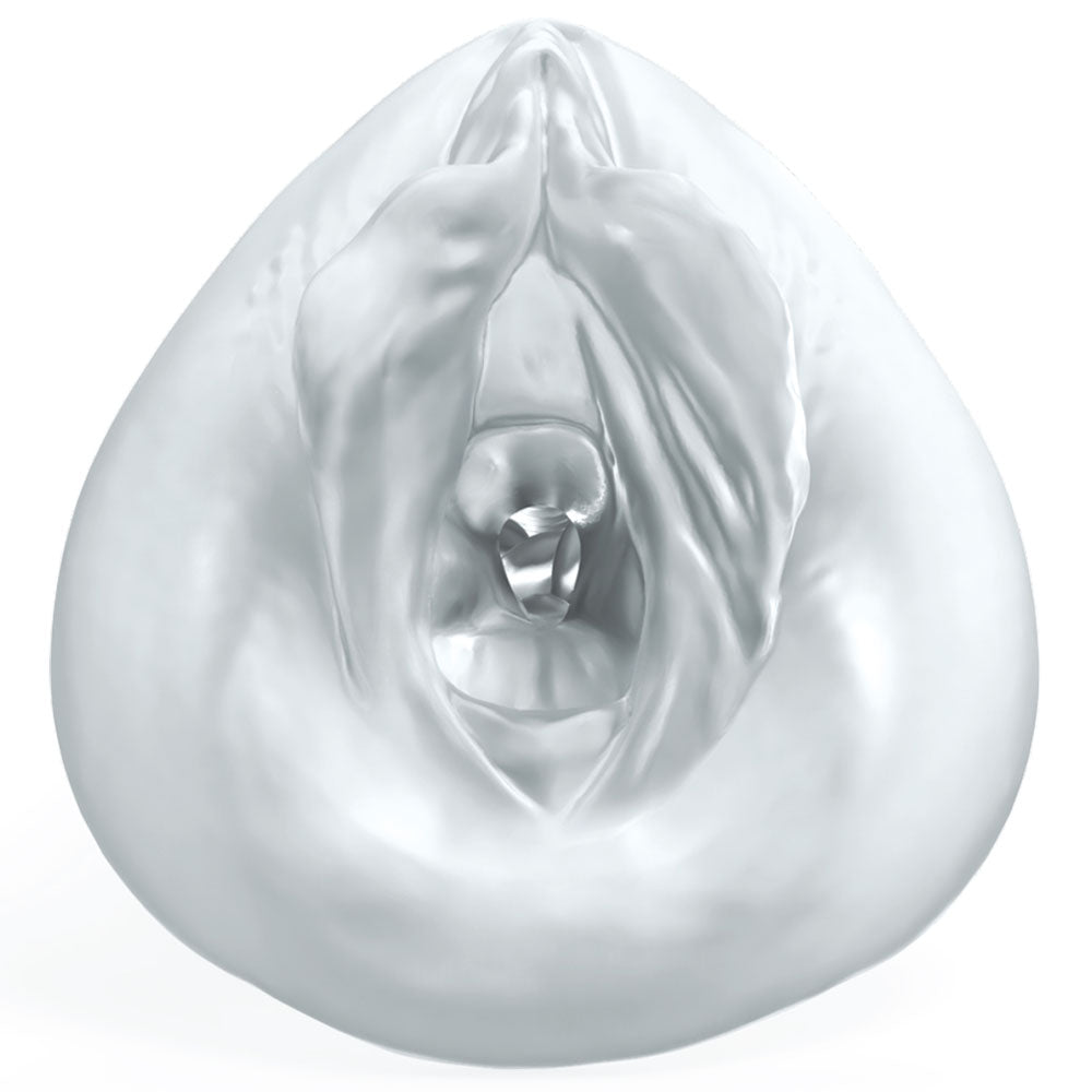 Sorority Snatch stroker face on, the clear opening and folds catching the light