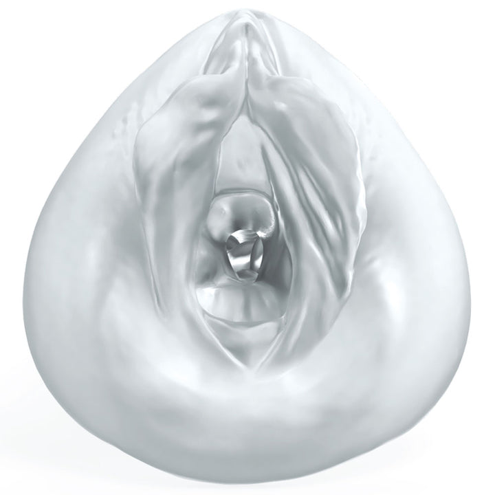 Sorority Snatch stroker face on, the clear opening and folds catching the light