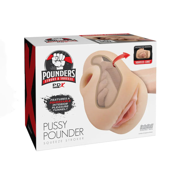 PDX Plus Pussy Pounder squeeze stroker retail box with the interior tunnel cutaway