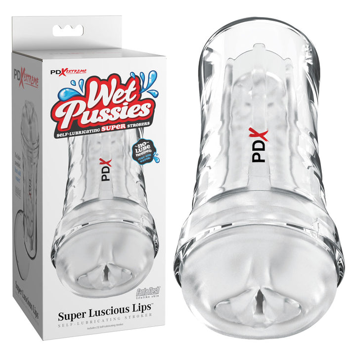 PDX Extreme Wet Pussies Super Luscious Lips clear stroker beside its Wet Pussies box