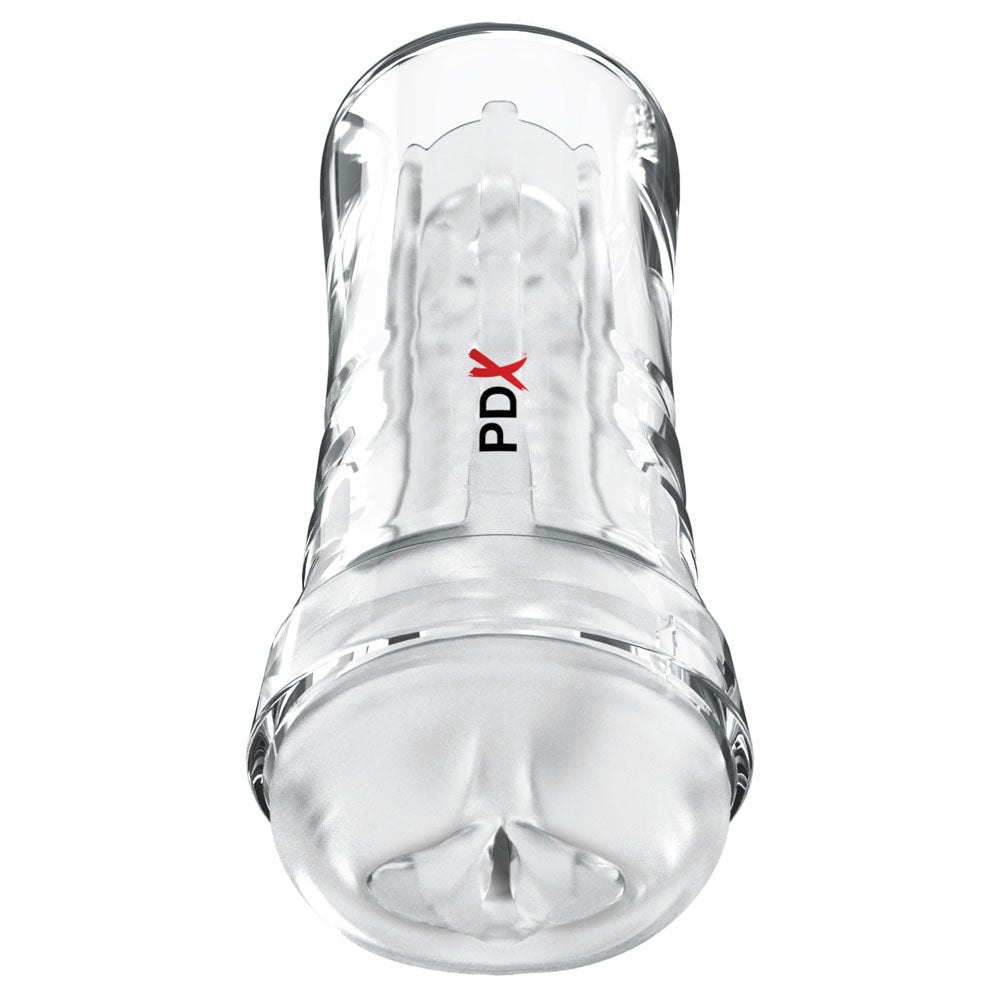 Super Luscious Lips stroker upright, moulded lips opening in the crystal-clear case