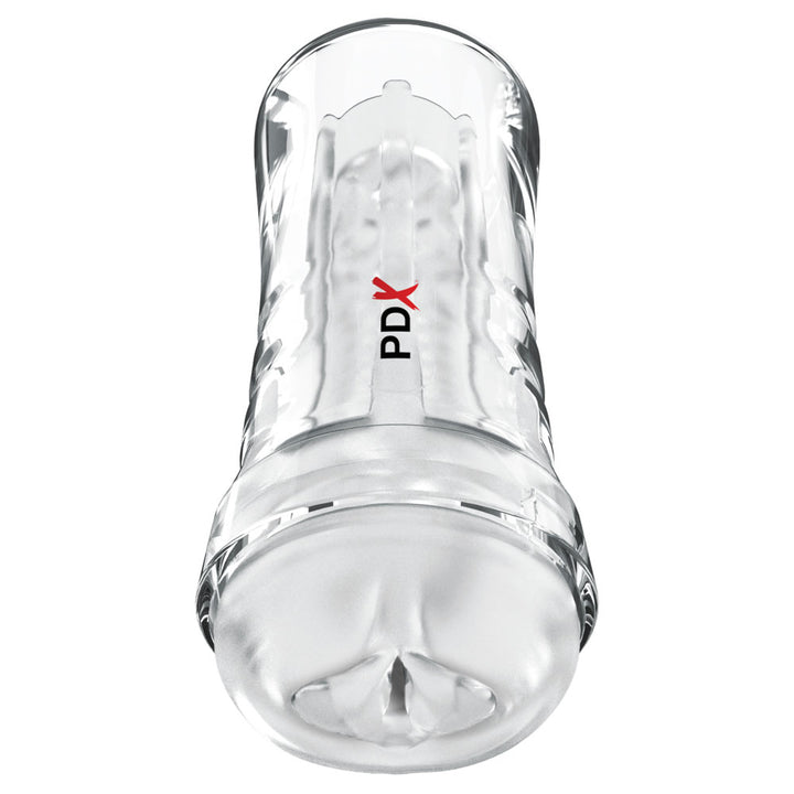 Super Luscious Lips stroker upright, moulded lips opening in the crystal-clear case