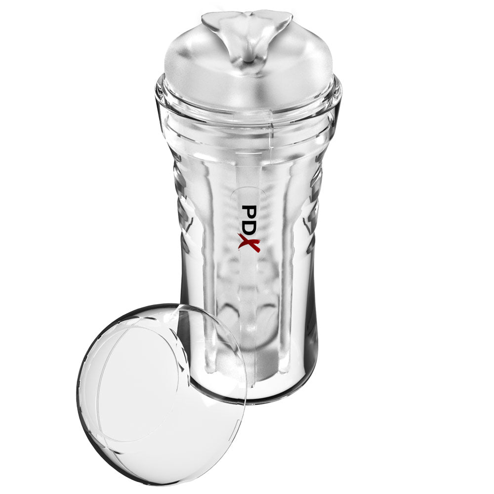 Super Luscious Lips stroker at an angle with its clear end cap removed and set beside it