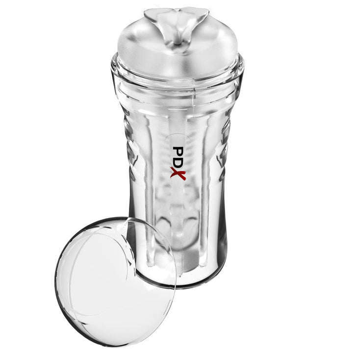 Super Luscious Lips stroker at an angle with its clear end cap removed and set beside it