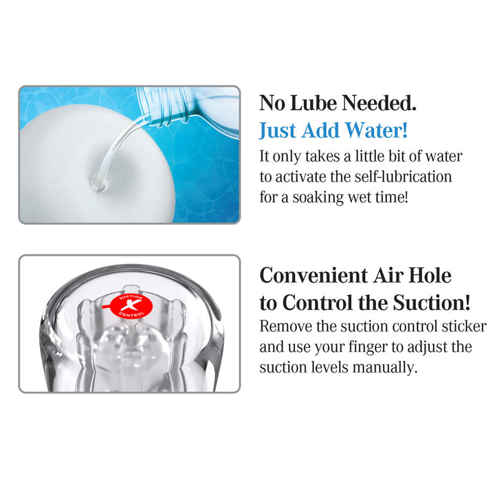 Two Super Luscious Lips features: no lube needed, just add water, and the suction air hole