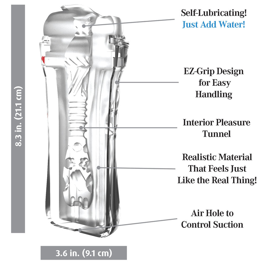 Labelled diagram of the Super Luscious Lips: 8.3 inches tall, 3.6 inches wide, EZ-grip, air hole