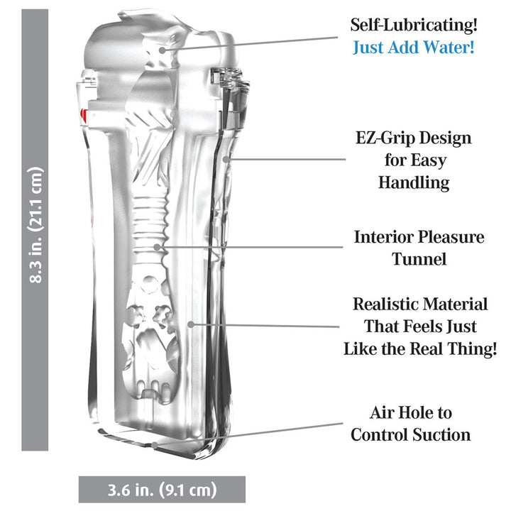 Labelled diagram of the Super Luscious Lips: 8.3 inches tall, 3.6 inches wide, EZ-grip, air hole