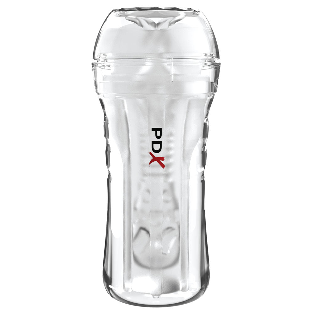 Super Luscious Lips stroker standing upright with the cap fitted, clear ribbed body
