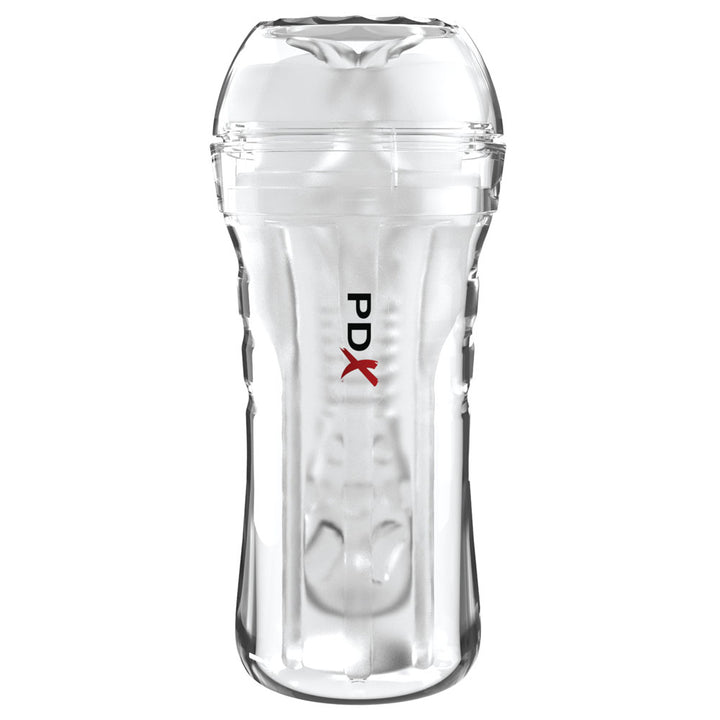 Super Luscious Lips stroker standing upright with the cap fitted, clear ribbed body