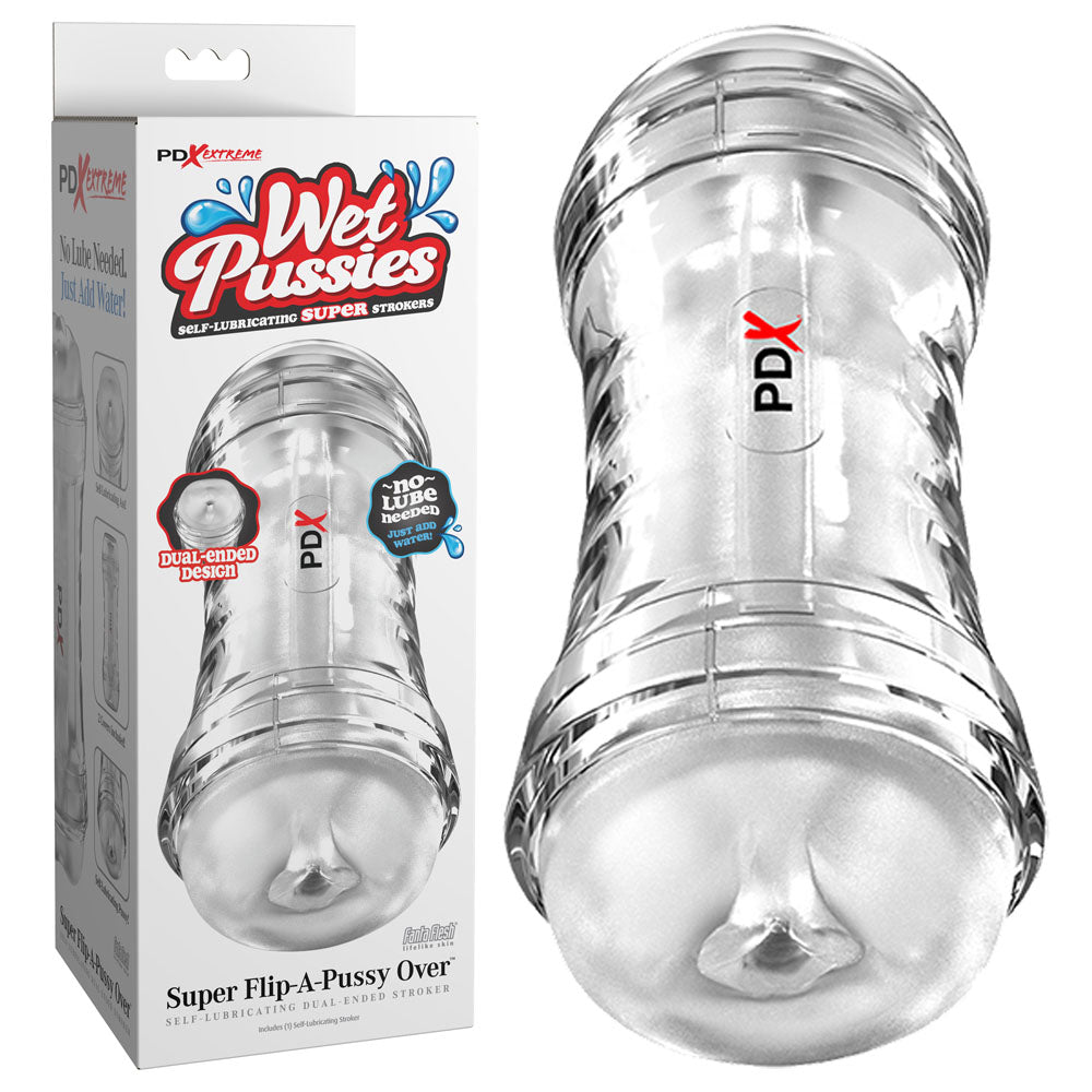 PDX Wet Pussies Super Flip-A-Pussy Over clear dual-ended stroker with its box