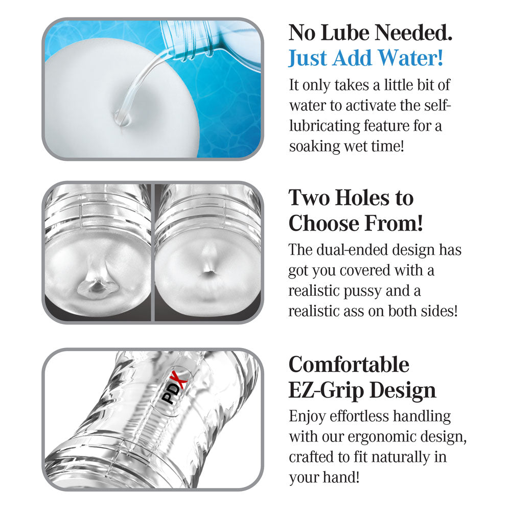 Three Flip-A-Pussy features: just add water, two holes to choose from, and EZ-grip design