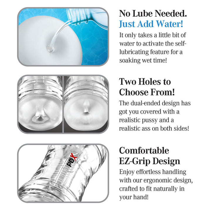 Three Flip-A-Pussy features: just add water, two holes to choose from, and EZ-grip design