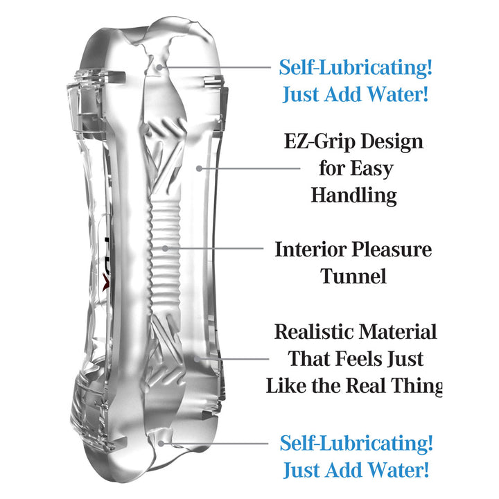 Labelled diagram of the Super Flip-A-Pussy Over showing both self-lubricating ends and the tunnel