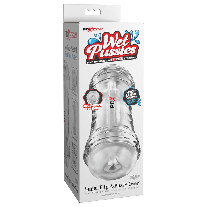 PDX Wet Pussies Super Flip-A-Pussy Over Clear retail box, dual-ended design badge
