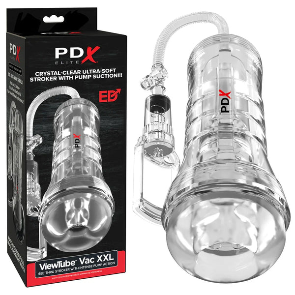 PDX Elite ViewTube Vac XXL clear stroker with pump bulb and hose, beside its box