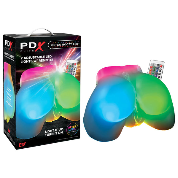 PDX Elite Go-Go Booty LED masturbator glowing in rainbow colours with remote and box