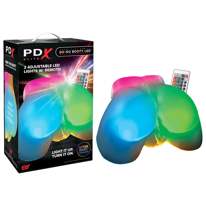 PDX Elite Go-Go Booty LED masturbator glowing in rainbow colours with remote and box