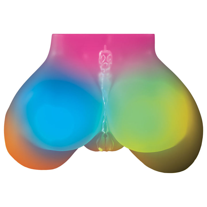 Rear view of the Go-Go Booty lit from within, both openings visible between the cheeks