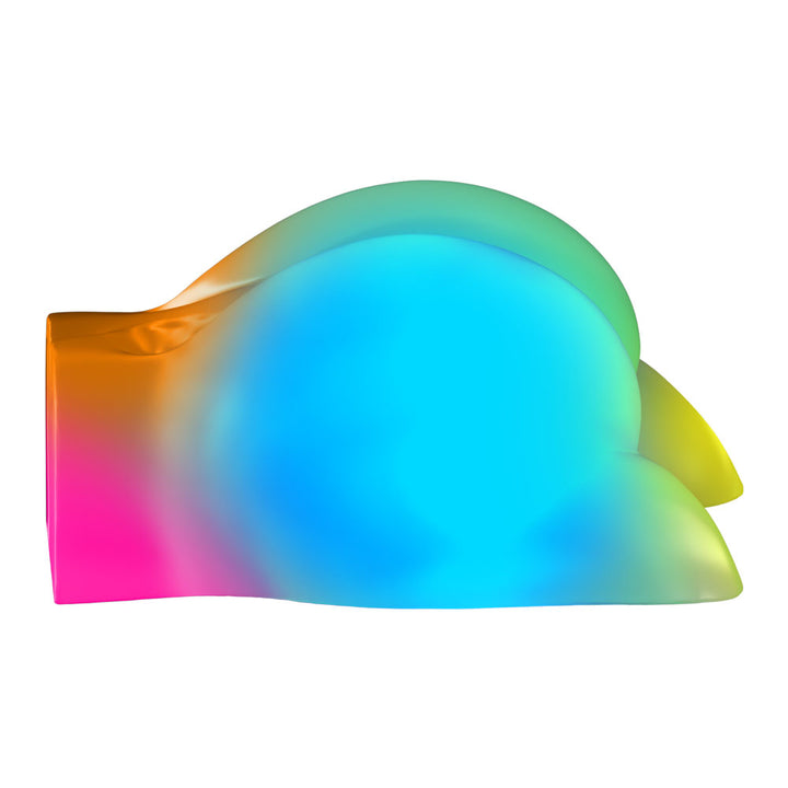 Side profile of the illuminated Go-Go Booty, colours graduating from pink to yellow