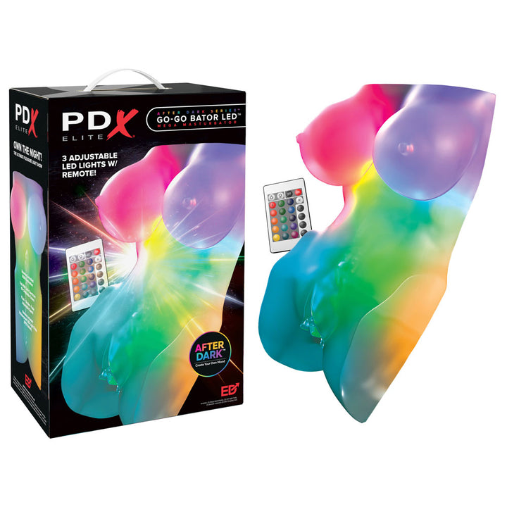 PDX Elite Go-Go Bator LED masturbator lit in rainbow colours, with remote and retail box