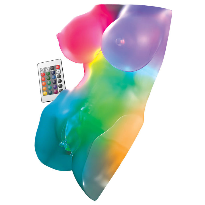 Go-Go Bator torso glowing through the colour spectrum beside its multicolour remote