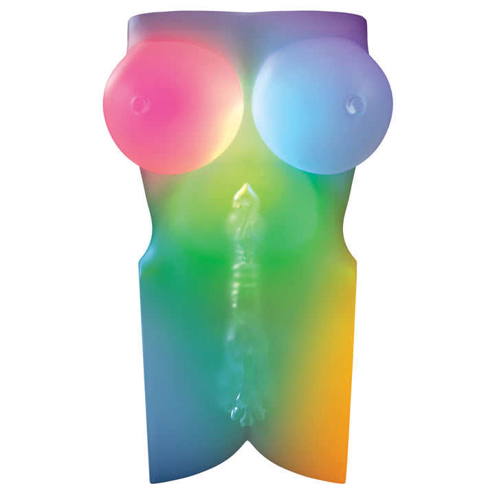 Front of the Go-Go Bator lit in pink, green and blue, breasts and torso glowing