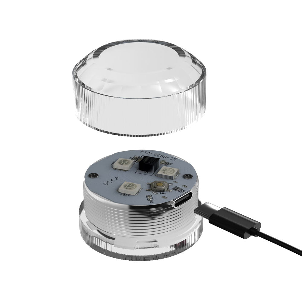 Go-Go Bator LED base unit shown open and closed, with the USB charging lead attached