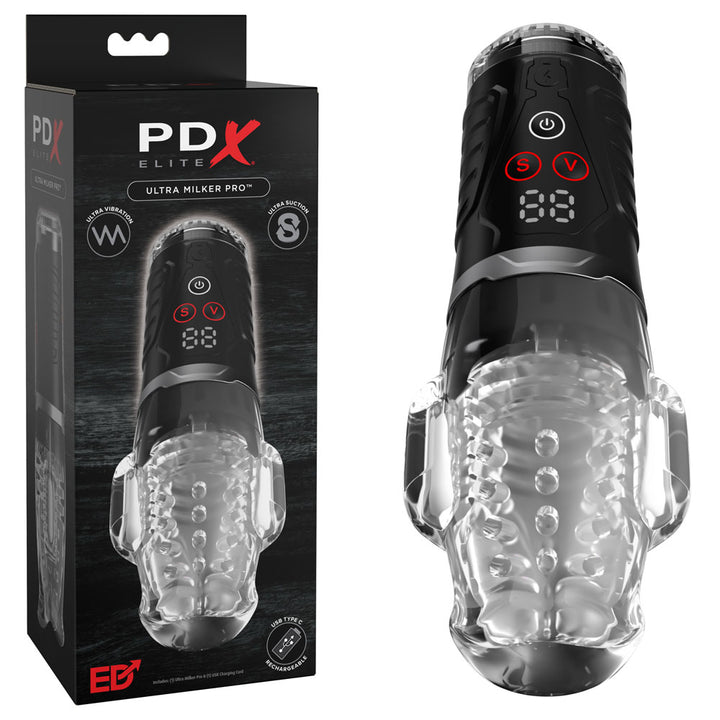 PDX Elite Ultra Milker Pro clear stroker beside its PDX Elite retail box