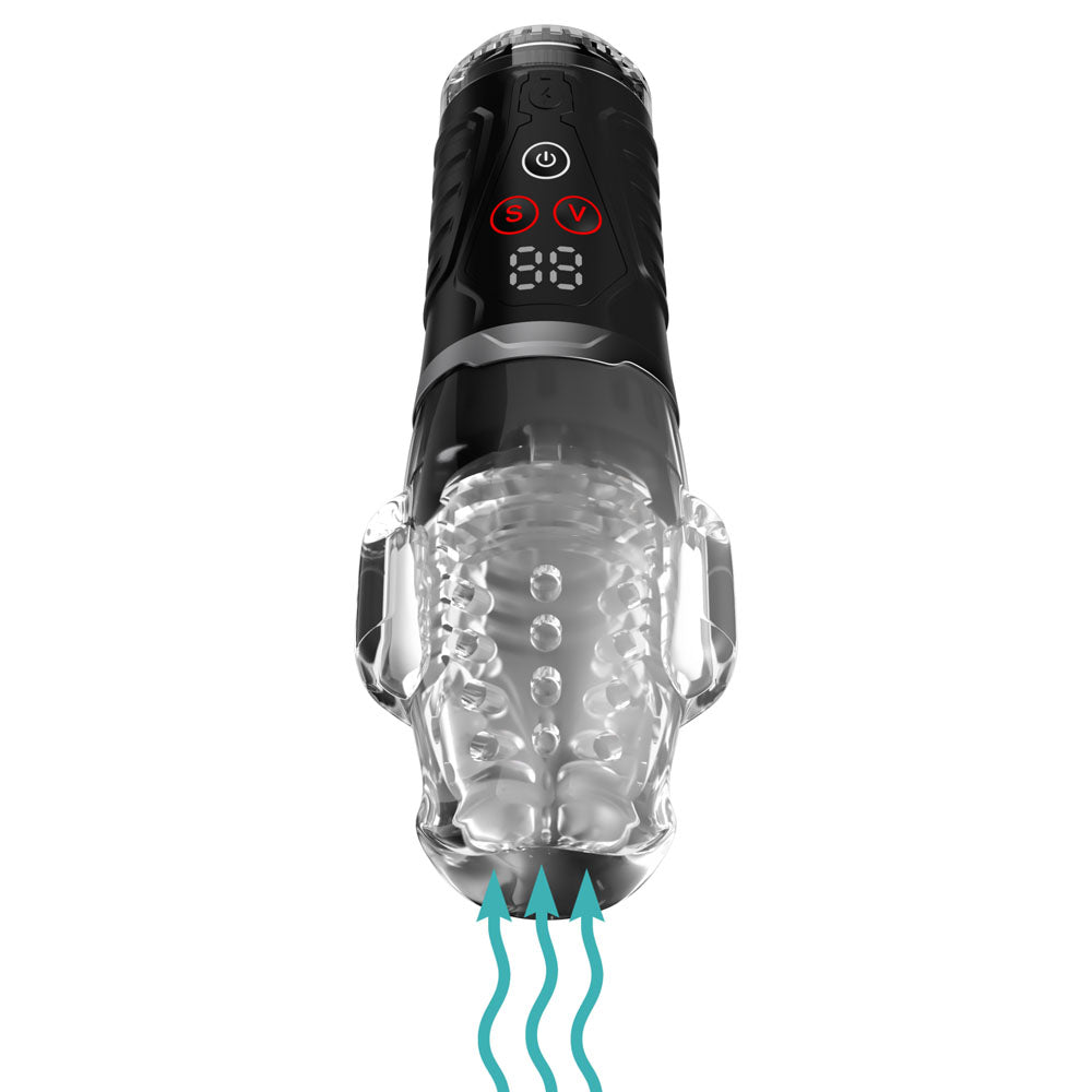 Ultra Milker Pro with blue airflow arrows drawn beneath the open clear sleeve