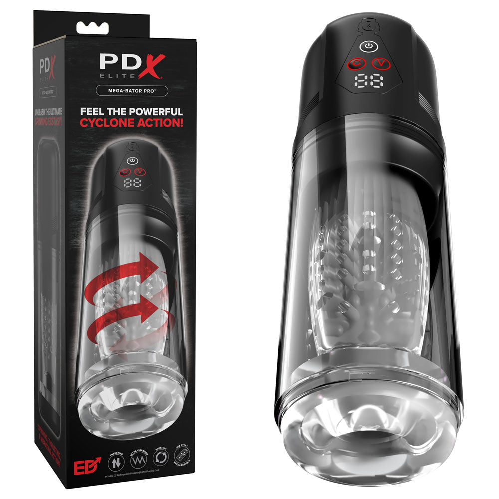 PDX Elite Mega-Bator Pro clear stroker beside its box, cyclone action badge