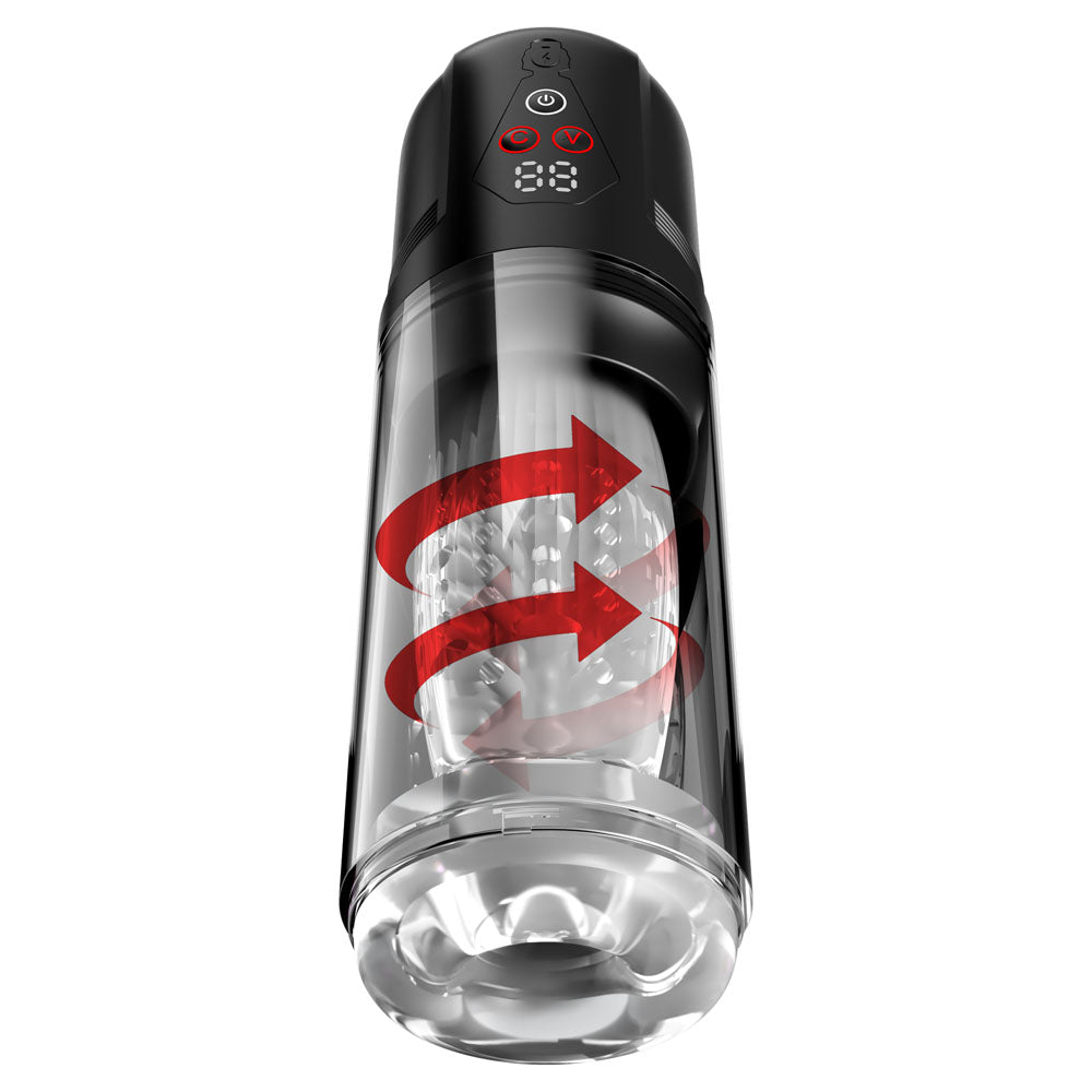 Mega-Bator Pro with red arrows spiralling around the clear textured sleeve