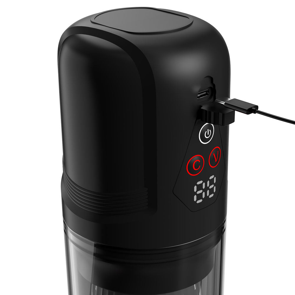 Charging cable plugged into the Mega-Bator Pro control panel with its digital readout
