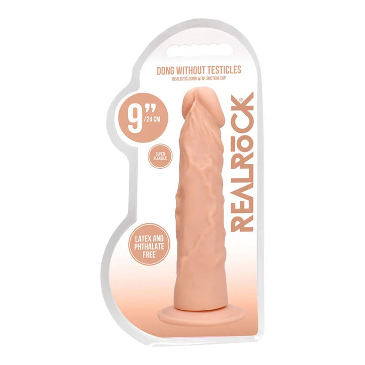 REALROCK 22.9 cm Realistic Dildo in Flesh, front of the Dong Without Testicles blister pack