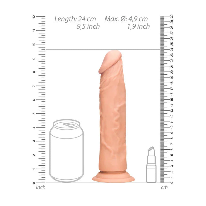 REALROCK 22.9 cm Realistic Dildo in Flesh, scale diagram beside a drink can and lipstick