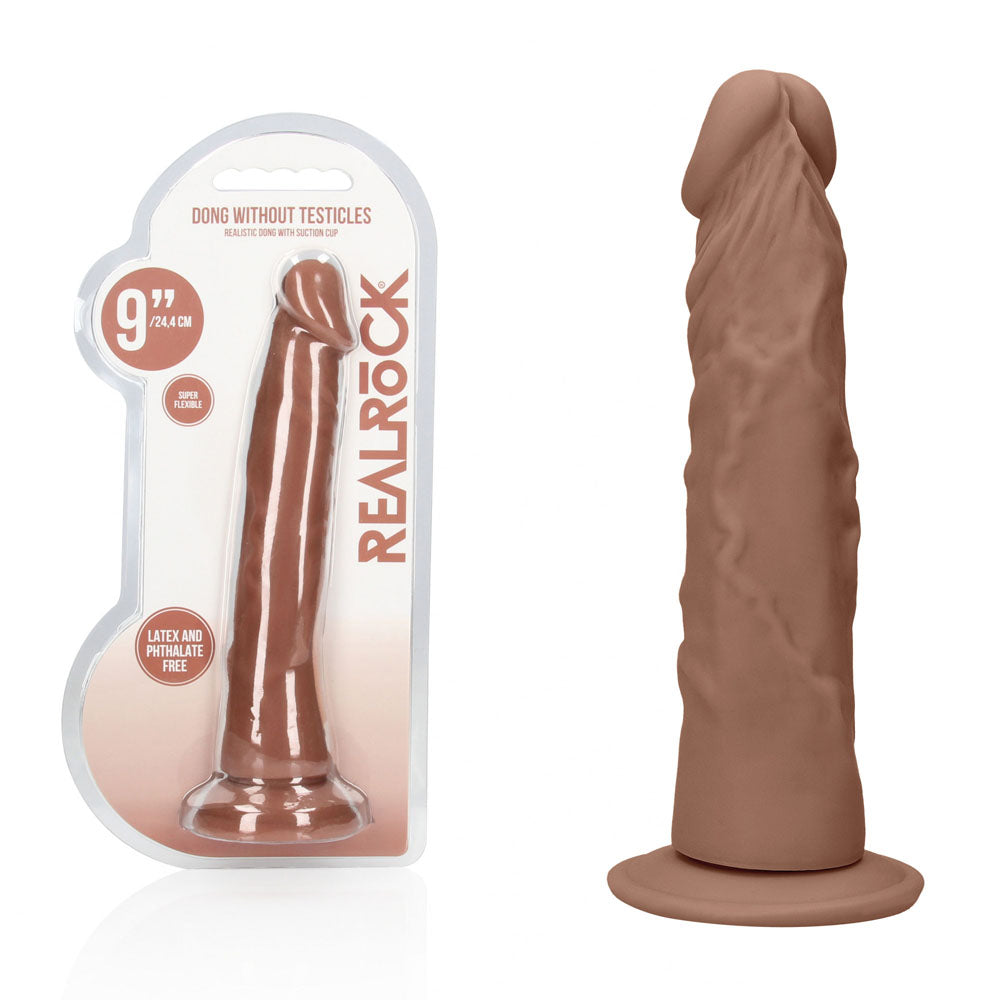 REALROCK 22.9 cm Realistic Dildo in Tan, blister pack beside the brown dildo on its suction base