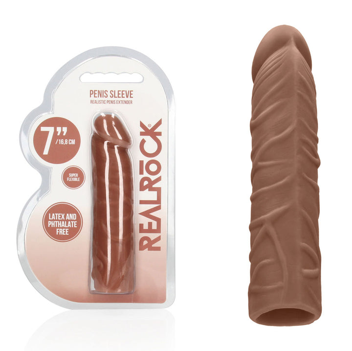 REALROCK 17.8 cm Penis Extender Sleeve in Tan, blister pack beside the brown veined sleeve