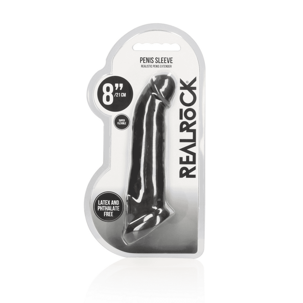 REALROCK 20.3 cm penis extender in black, side view showing sleeve and rings