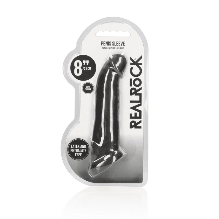 REALROCK 20.3 cm penis extender in black, side view showing sleeve and rings