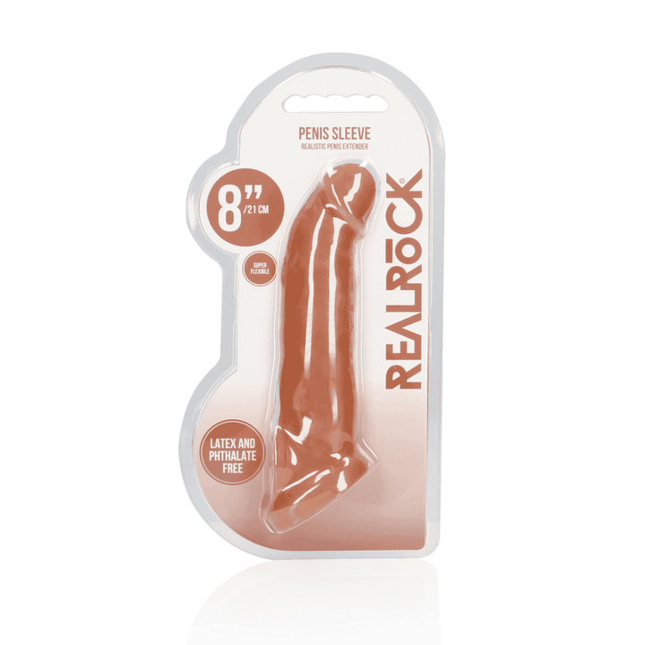 REALROCK 20.3 cm penis extender in tan, side view showing sleeve and rings