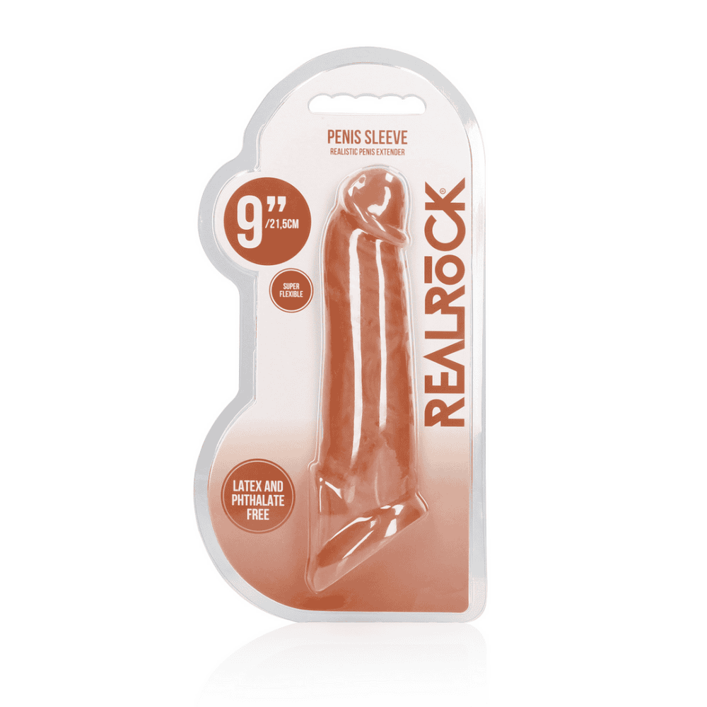 REALROCK 22.9 cm penis extender in tan, side view showing sleeve and rings