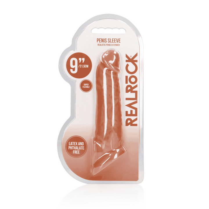 REALROCK 22.9 cm penis extender in tan, side view showing sleeve and rings