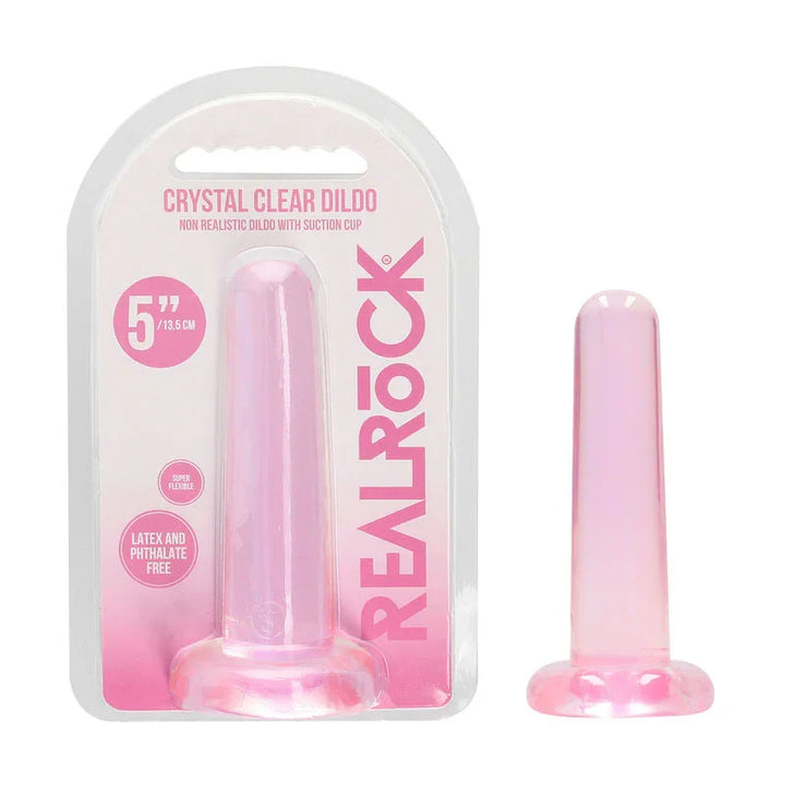 REALROCK 13.5 cm Non-Realistic Dildo in Pink, blister pack beside the smooth tapered dildo