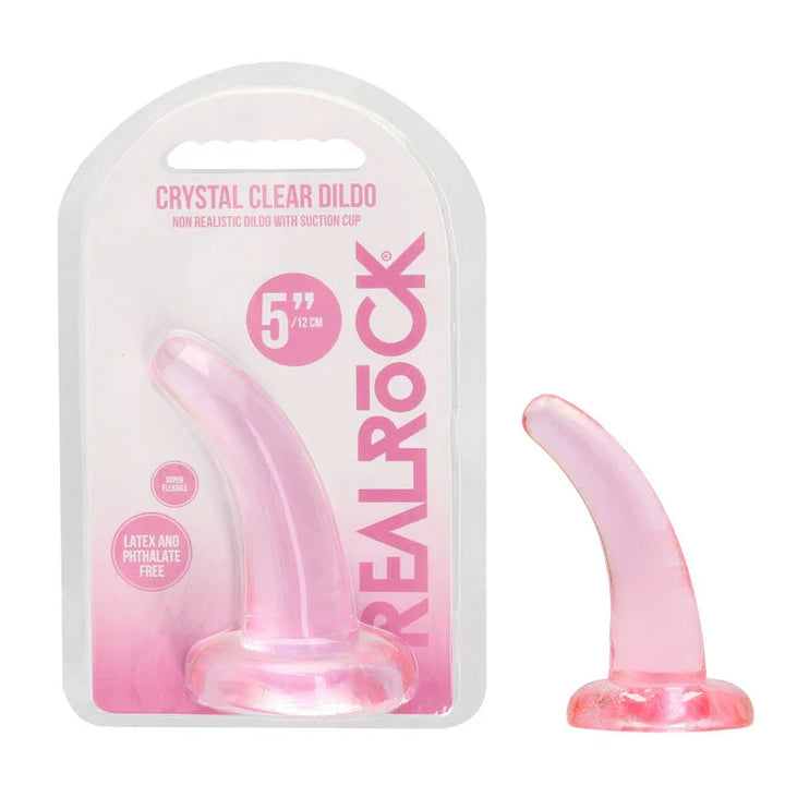 REALROCK 11.5 cm Non-Realistic Curved Dildo in Pink, blister pack beside the smooth curved dildo
