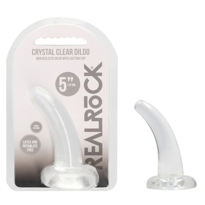 REALROCK 11.5 cm Non-Realistic Curved Dildo in Clear, blister pack beside the smooth curved dildo